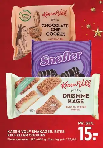 MENY KAREN VOLF SMÅKAGER, BITES, KIKS ELLER COOKIES tilbud