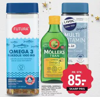 MENY HEMOJERN, GERIMAX, LIVOL, FUTURA ELLER MÖLLER'S TRAN tilbud