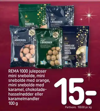 Rema 1000 juleposer mini snebolde, mini snebolde med orange, mini snebolde med karamel, chokoladehasselnødder eller karamelma