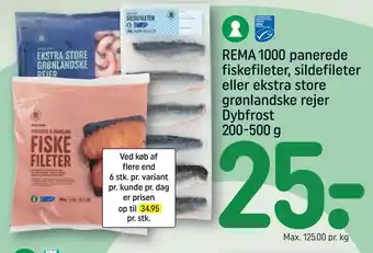 REMA 1000 Rema 1000 panerede fiskefileter, sildefileter eller ekstra store grønlandske rejer dybfrost tilbud