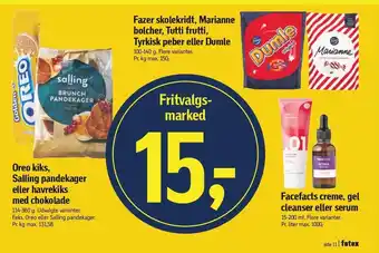 Føtex Oreo kiks, salling pandekager eller havrekiks med chokolade, fazer skolekridt, marianne bolcher, tutti frutti, tyrkisk peber tilbud