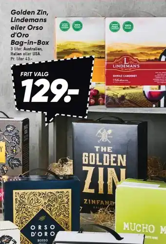 Bilka Golden zin, lindemans eller orso d'oro bag-in-box tilbud