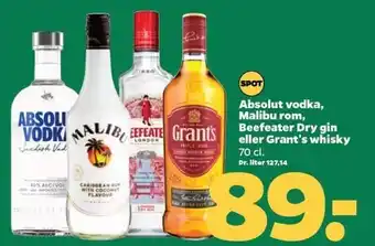 Netto Absolut vodka, malibu rom, beefeater dry gin eller grant's whisky tilbud