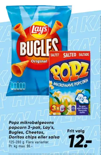 Bilka Popz mikrobølgeovns popcorn 3-pak, lay's, bugles, cheetos, doritos chips eller salsa tilbud