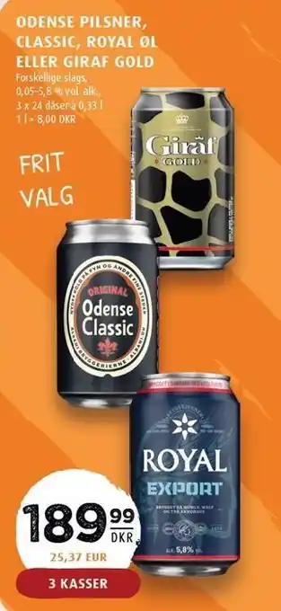 Odense pilsner, classic, royal øl eller giraf gold