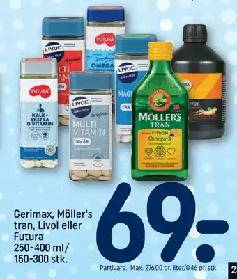 REMA 1000 Gerimax, möller's tran, livol eller futura 250-400 ml/150-300 stk tilbud