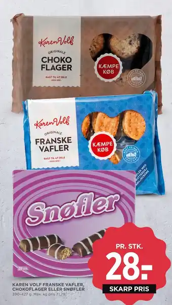 MENY KAREN VOLF FRANSKE VAFLER, CHOKOFLAGER ELLER SNØFLER tilbud