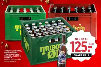 MENY TUBORG JULEBRYG, GRØN TUBORG, TUBORG CLASSIC ELLER CARLSBERG PILSNER tilbud