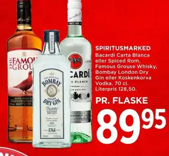 MENY SPIRITUSMARKED Bacardi Carta Blanca eller Spiced Rom, Famous Grouse Whisky, tilbud
