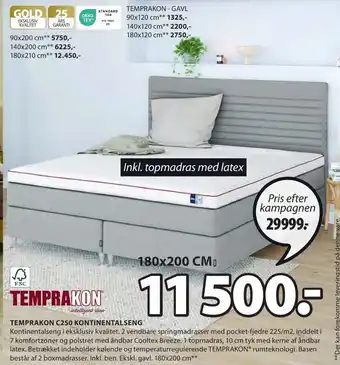 JYSK TEMPRAKON C250 KONTINENTALSENGe TEMPRAKON® rumteknologi. Basen består af 2 boxmadrasser. Inkl. ben. Ekskl. gavl. 180x200 cm** tilbud