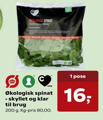 Kvickly Økologisk spinat - skyllet og klar til brug tilbud