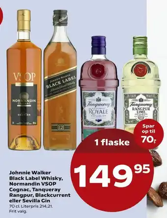 Kvickly Johnnie Walker Black Label Whisky, Normandin VSOP Cognac, Tanqueray Rangpur, Blackcurrent eller Sevilla Gin tilbud