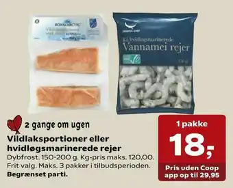 SuperBrugsen Vildlaksportioner eller hvidløgsmarinerede rejer tilbud