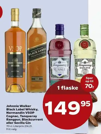 SuperBrugsen Johnnie Walker Black Label Whisky, Normandin VSOP Cognac, Tanqueray Rangpur, Blackcurrent eller Sevilla Gin tilbud
