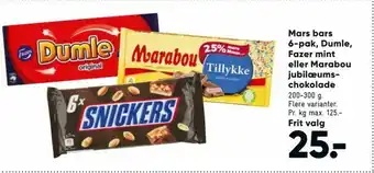 Bilka Mars bars 6-pak, Dumle, Fazer mint eller Marabou jubilæums chokolade tilbud