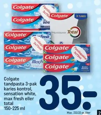 REMA 1000 Colgate tandpasta 3-pak karies kontrol, sensation white, max fresh eller total tilbud
