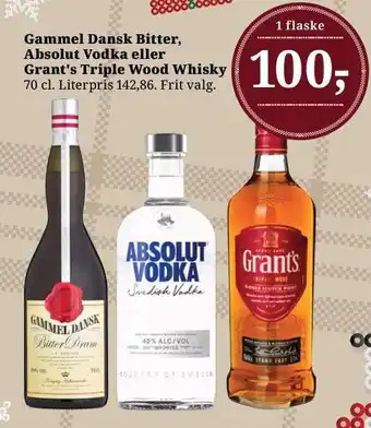 Dagli'Brugsen Gammel dansk bitter, absolut vodka eller grant's triple wood whisky tilbud