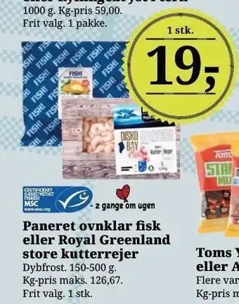 Dagli'Brugsen Paneret ovnklar fisk eller royal greenland store kutterrejer tilbud