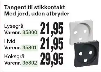 Tangent til stikkontakt med jord, uden afbryder