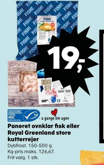 SuperBrugsen Paneret ovnklar fisk eller Royal Greenland store kutterrejer tilbud
