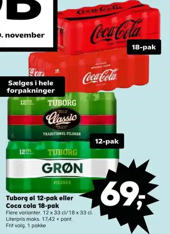 SuperBrugsen Tuborg øl 12-pak eller Coca cola 18-pak tilbud