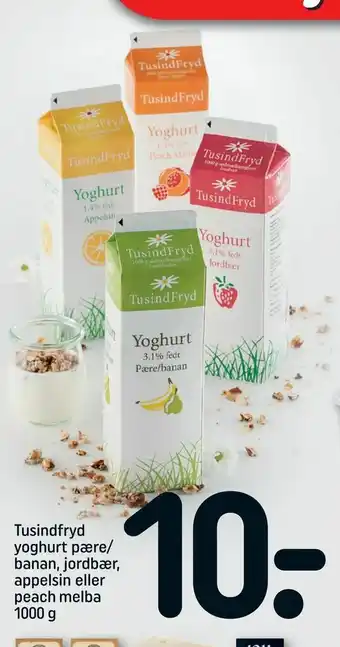 REMA 1000 Tusindfryd yoghurt pære/ banan, jordbær, appelsin eller peach melba tilbud