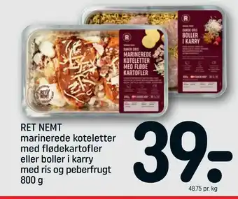 REMA 1000 RET NEMT marinerede koteletter med flødekartofler eller boller i karry med ris og peberfrugt tilbud