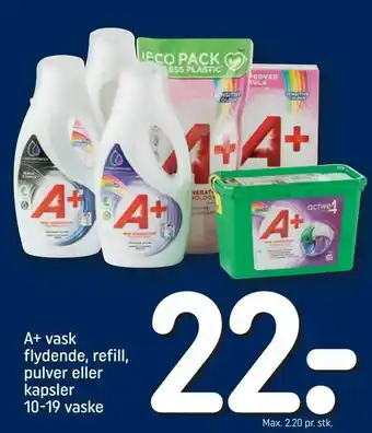 REMA 1000 A+ vask flydende, refill, pulver eller kapsler 10-19 vaske tilbud