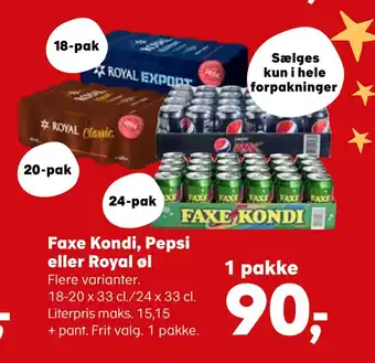 Kvickly Faxe kondi, pepsi eller royal øl tilbud