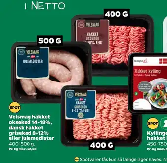 Velsmag hakket oksekød 14-18%, dansk hakket grisekød 8-12% eller julemedister
