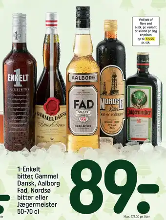 REMA 1000 1-enkelt bitter, gammel dansk, aalborg fad, nordsø bitter eller jægermeister 50-70 cl tilbud
