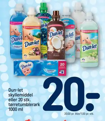 REMA 1000 Dun-let skyllemiddel eller 20 stk. tørretumblerark 1000 ml tilbud