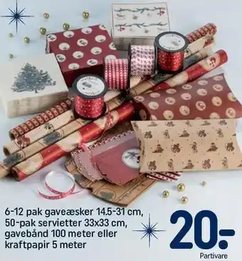 6-12 pak gaveæsker, 50-pak servietter, gavebånd eller kraftpapir