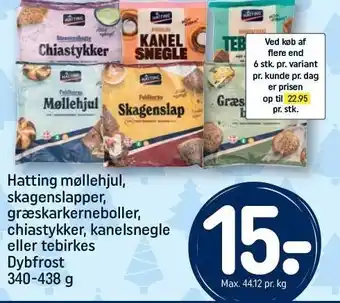 REMA 1000 Hatting møllehjul, skagenslapper, græskarkerneboller, chiastykker, kanelsnegle eller tebirkes tilbud