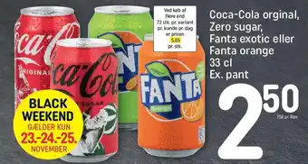 REMA 1000 Coca-Cola orginal, Zero sugar, Fanta exotic eller Fanta orange 33 cl Ex. pant tilbud