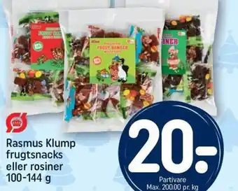 REMA 1000 Rasmus Klump frugtsnacks eller rosiner 100-144 g tilbud