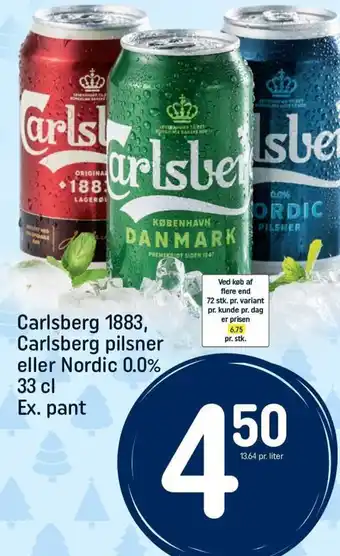 REMA 1000 Carlsberg 1883, Carlsberg pilsner eller Nordic 0.0% 33 cl Ex. pant tilbud