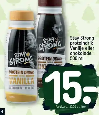 REMA 1000 Stay Strong proteindrik Vanilje eller chokolade 500 ml tilbud