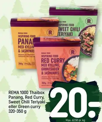 REMA 1000 REMA 1000 Thaibox Panang, Red Curry, Sweet Chili Teriyaki-eller Green curry 320-350 g tilbud