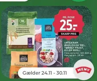 Urtekram økologisk mel, tørret frugt eller müsli, 180-600g
