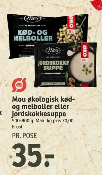SPAR Mou økologisk kød og melboller eller jordskokkesuppe tilbud