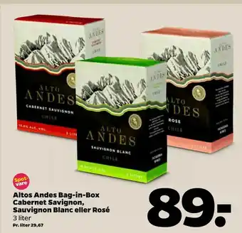 Netto Altos Andes Bag-in-Box Cabernet Savignon, Sauvignon Blanc eller Rosé tilbud