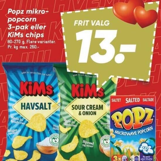 Popz mikropopcorn 3pak eller kims chips tilbud hos Bilka