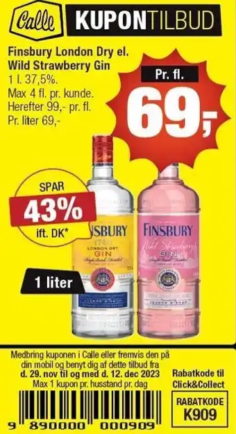 Calle Finsbury london dry el. wild strawberry gin tilbud