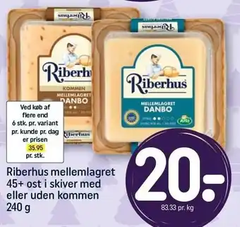 REMA 1000 Riberhus mellemlagret 45+ ost i skiver med eller uden kommen tilbud