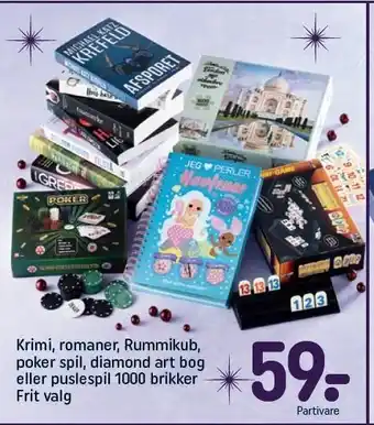Krimi, romaner, rummikub, poker spil, diamond art bog eller puslespil 1000 brikker