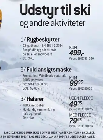 Rygbeskytter, fuld ansigtsmaske eller halsrør