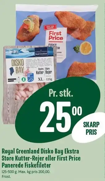 Royal greenland disko bay ekstra store kutter-rejer eller first price panerede fiskefileter