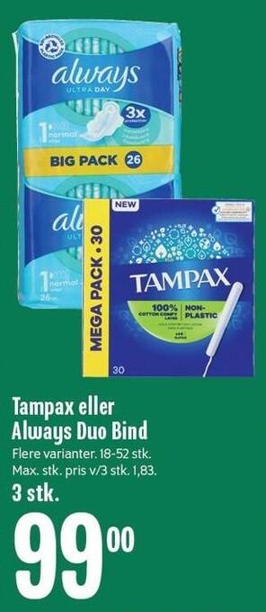 Min Købmand Tampax eller always duo bind tilbud