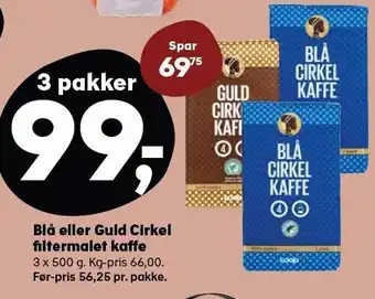 Kvickly Blå eller guld cirkel filtermalet kaffe - 3 pakker tilbud